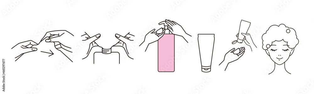 シャンプーとトリートメント、コンディショナーの詰め替え方法と使用イメージのベクターイラスト素材 Vector illustration of how to refill and use shampoo, treatment and conditioner. シャンプーとトリートメント、コンディショナーの詰め替え方法と使用イメージのベクターイラスト素材 Vector illustration of how to refill and use shampoo, treatment and conditioner.
