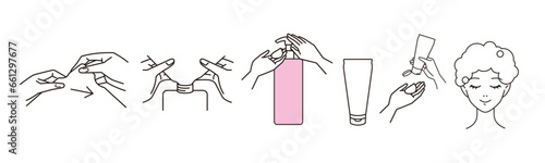 シャンプーとトリートメント、コンディショナーの詰め替え方法と使用イメージのベクターイラスト素材 Vector illustration of how to refill and use shampoo, treatment and conditioner.
