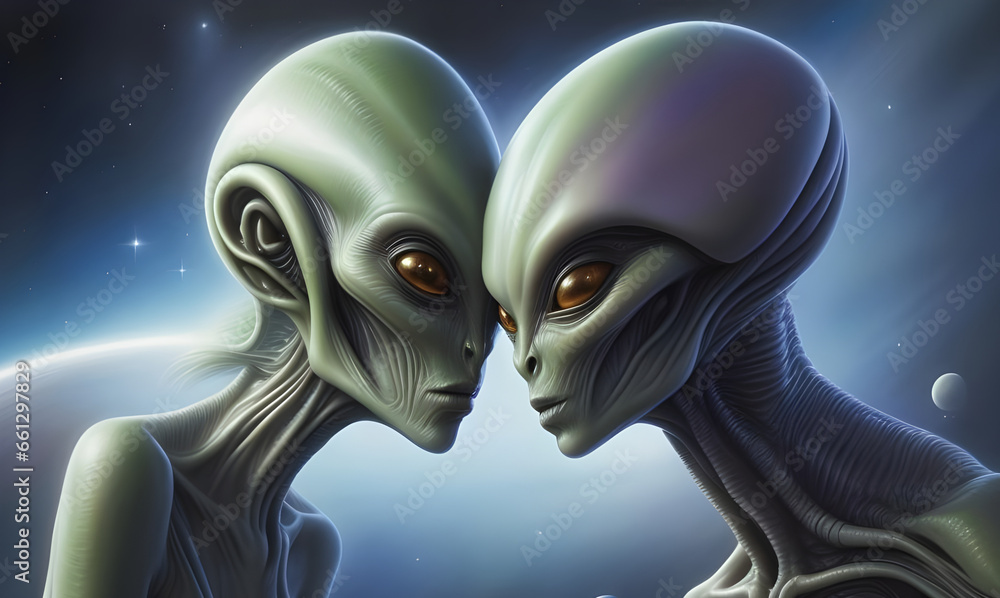 Portrait of a romantic alien being couple. Generative AI Portrait of a romantic alien being couple. Generative AI