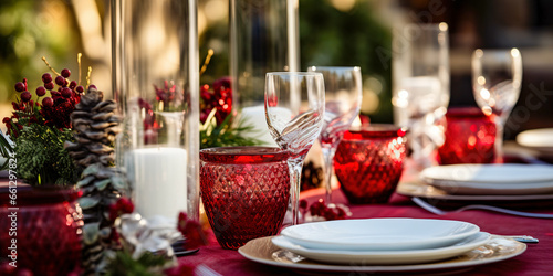Festive table setting. Table setting for a party / wedding / christmas / holiday. Holiday concept for banner, greeting card, invitation. 