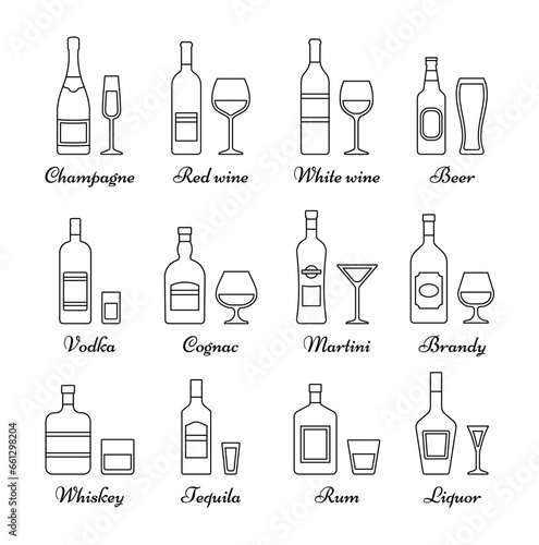 Outline icons beverages isolated on white background. Linear alcohol bottles and glasses. Vector graphics. Set black alcoholic drinks with wineglasses in flat design. Thin line illustration.