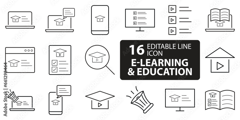 E-learning Black and White icon set. Online education Elements Outline editable icon set. Thin line icons set. Smart Learning. Online tuition, e-learning, video courses, Graduation, Education Modern. E-learning Black and White icon set. Online education Elements Outline editable icon set. Thin line icons set. Smart Learning. Online tuition, e-learning, video courses, Graduation, Education Modern.