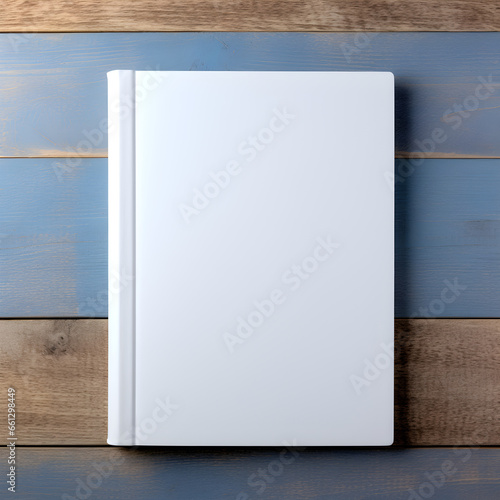 mock up of blank white book on a rustic wooden background