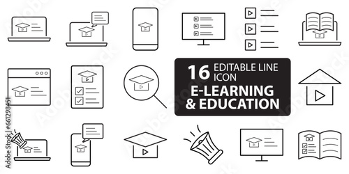 E-learning Black and White icon set. Online education Elements Outline editable icon set. Thin line icons set. Smart Learning. Online tuition, e-learning, video courses, Graduation, Education Modern.