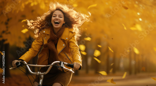 beautiful woman riding bicycle at autumn forest