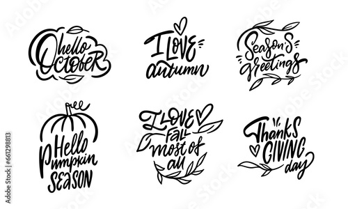 Handwritten autumn season holiday phrases set. Vector art collection signs.