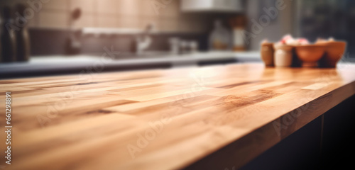 A close-up view of the wood table from the kitchen entrance, Generative AI