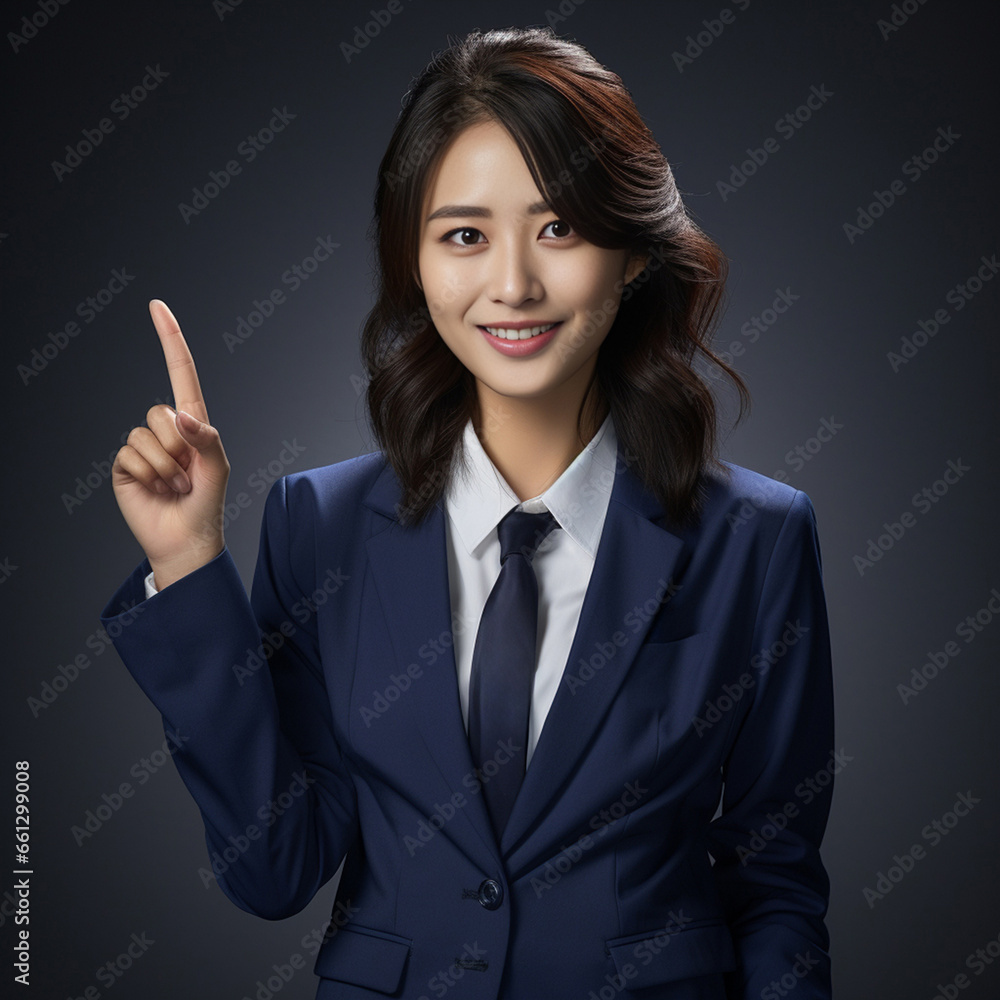 A vibrant blue-suited Asian girl raises her hand, extending her thumb and finger in a punching gesture, against a rich, deep blue backdrop. Generative AI. A vibrant blue-suited Asian girl raises her hand, extending her thumb and finger in a punching gesture, against a rich, deep blue backdrop. Generative AI.