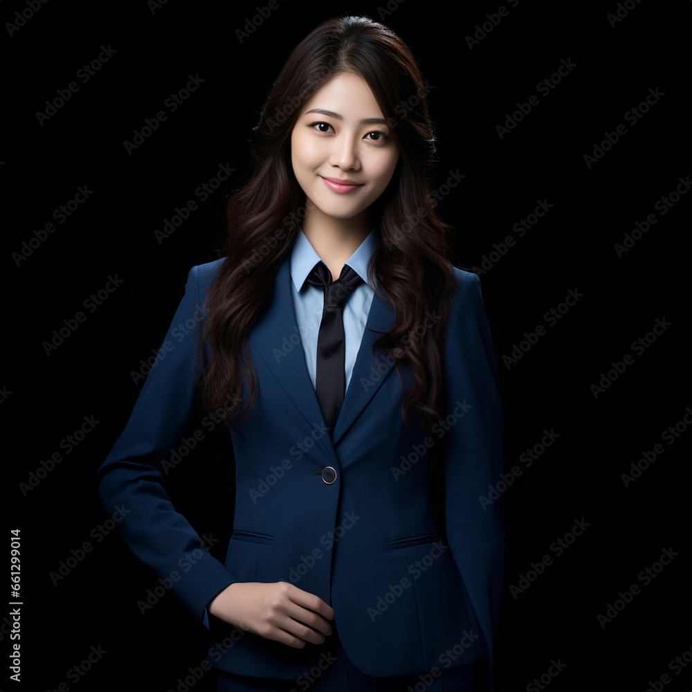 A vibrant blue-suited Asian girl raises her hand, extending her thumb and finger in a punching gesture, against a rich, deep blue backdrop. Generative AI. A vibrant blue-suited Asian girl raises her hand, extending her thumb and finger in a punching gesture, against a rich, deep blue backdrop. Generative AI.