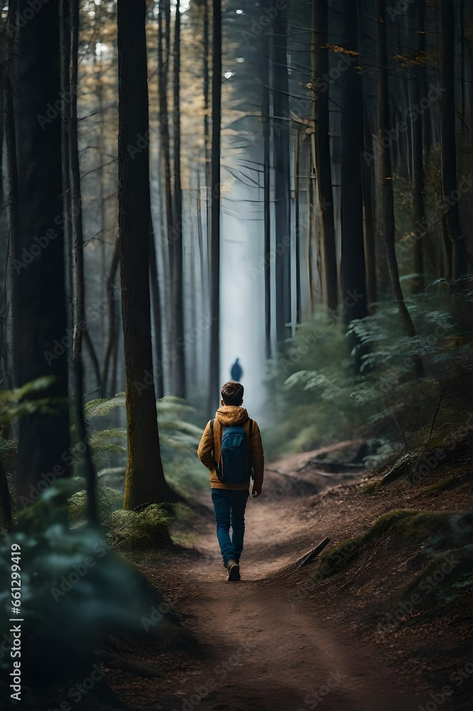 a back view of a boy hiking or walking alone in a forest in the summer fall spring or winter a back view of a boy hiking or walking alone in a forest in the summer fall spring or winter