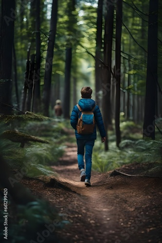 a back view of a boy hiking or walking alone in a forest in the summer fall spring or winter