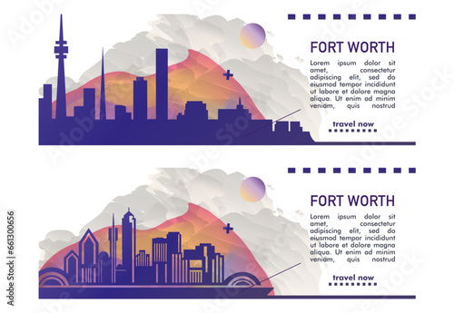 USA Fort Worth city banner pack with abstract shapes of skyline, cityscape, landmarks and attractions. US Texas state travel vector illustration set for brochure, website, page, header, presentation