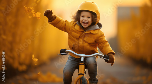 a kid is riding a bike with a yellow jacket © Kien
