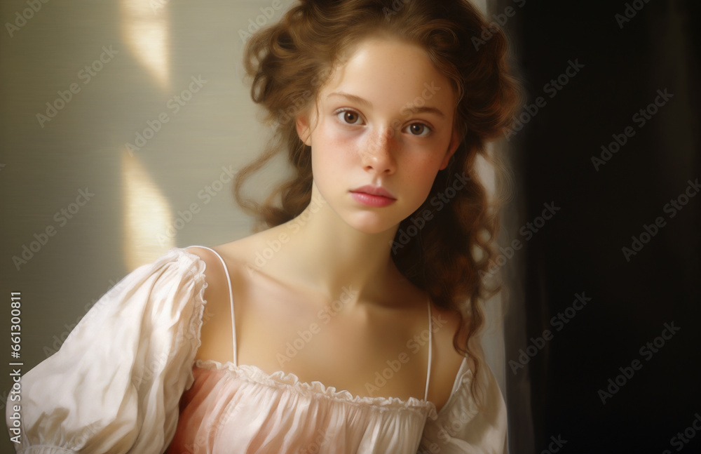 An illustration of a young victorian model with auburn hair and posing in her living room. Wearing a white dress.