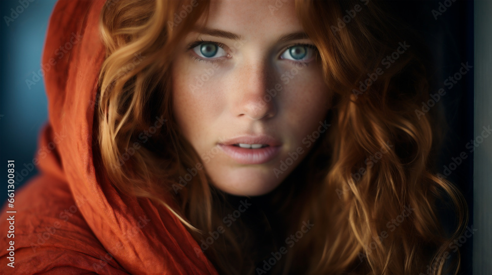 Studio portrait of a glamorous female model with auburn hair and wearing a light-weight jacket with a red hood. Skin. care and fashion. Studio portrait of a glamorous female model with auburn hair and wearing a light-weight jacket with a red hood. Skin. care and fashion.