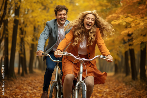 a smiling couple riding bicycle at autumn forest