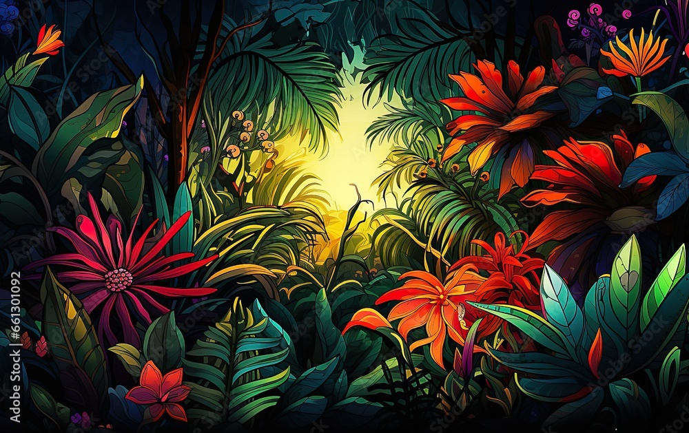 Seamless pattern background of a lush forest scene. Tropical jungle concept Seamless pattern background of a lush forest scene. Tropical jungle concept
