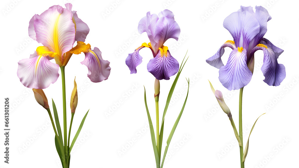 set of beautiful purple iris flowers, isolated over a transparent background, cut-out floral, perfume / essential oil, romantic wildflower or garden design elements PNG