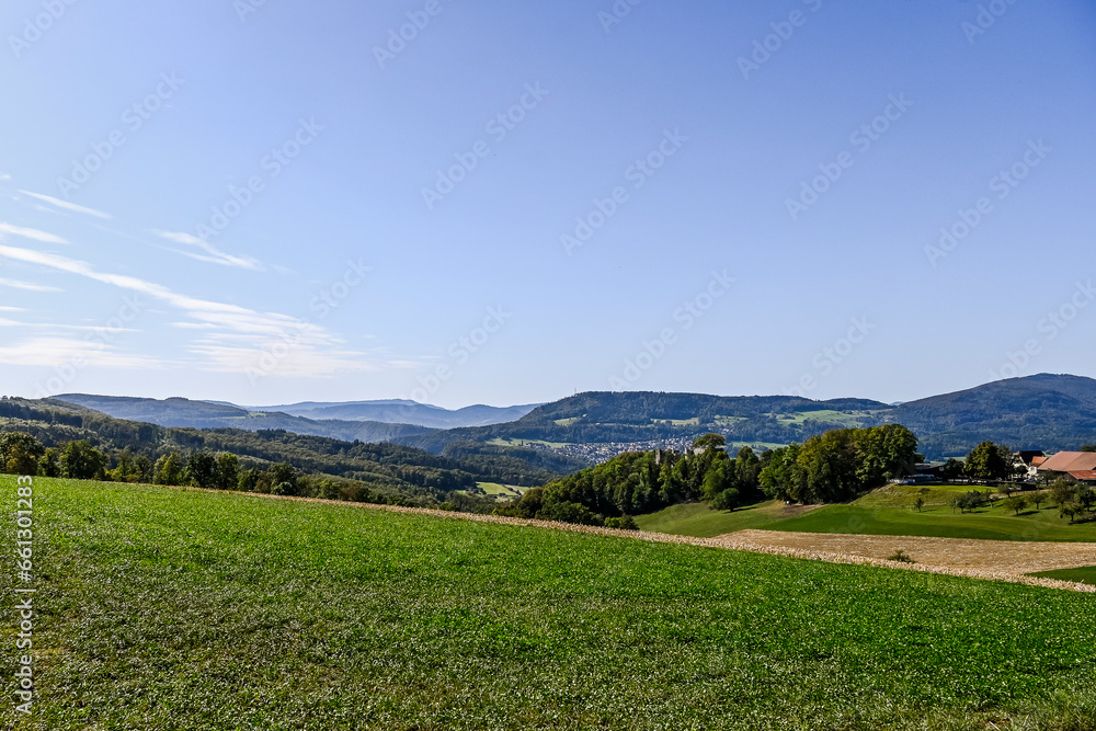 Fototapeta premium Dornach, Arlesheim Landwirtschaft, Burgruine Dorneck, Ruine, Pfeffingen, Birstal, Wanderweg, Wald, Aussichtspunkt, Baselland, Herbst, Spätsommer, Schweiz