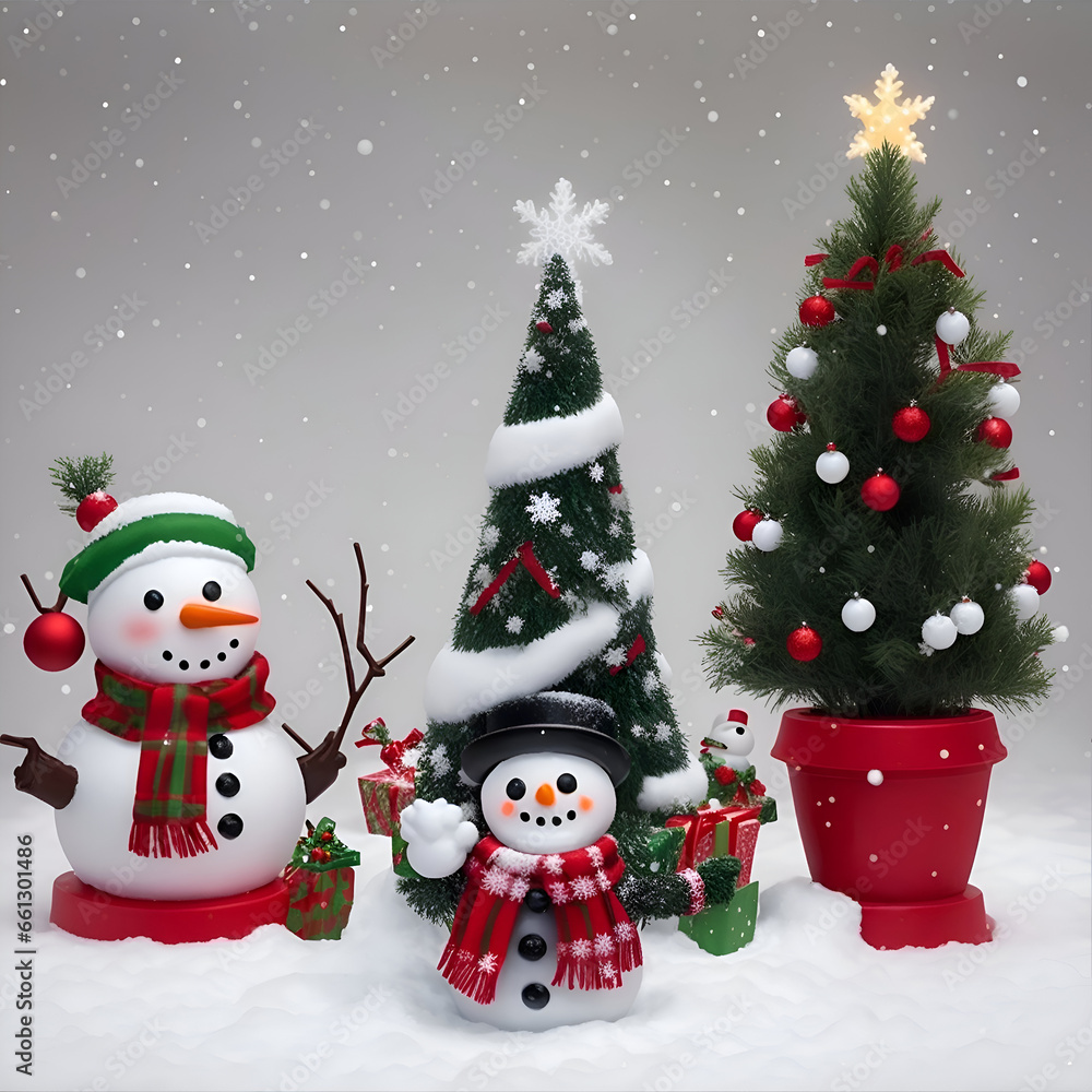 A cheerful Christmas scene with a festive, snow-covered small tree and a friendly snowman. The small tree is adorned with twinkling lights and colorful ornaments. AI Generative. A cheerful Christmas scene with a festive, snow-covered small tree and a friendly snowman. The small tree is adorned with twinkling lights and colorful ornaments. AI Generative.