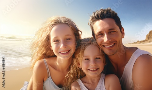 The beach portrait captures the love and laughter of a happy family. © uhdenis