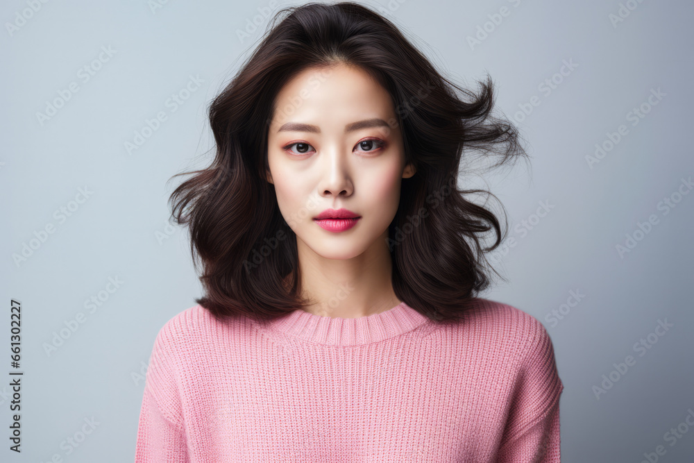 Portrait of a young Korean woman in a winter pink sweater Portrait of a young Korean woman in a winter pink sweater