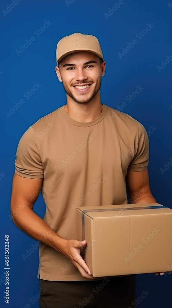 young smiling male courier holding a cardboard box, a man works in the delivery service, a guy delivered a parcel, online orders, postal employee, post office, warehouse, boy young smiling male courier holding a cardboard box, a man works in the delivery service, a guy delivered a parcel, online orders, postal employee, post office, warehouse, boy