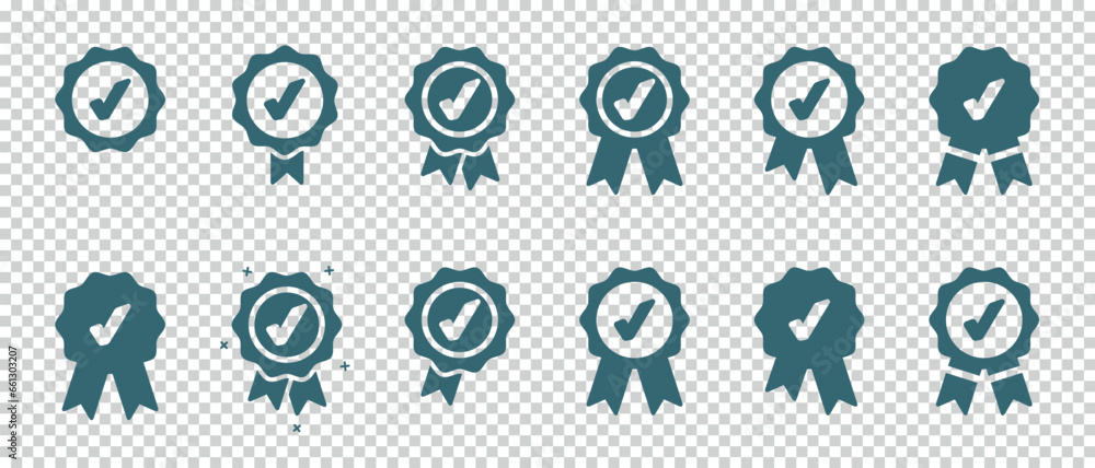 Approval Check Icon, Quality Sign, Certified Medal Symbol Set - Different Vector Illustrations Isolated On Transparent Background