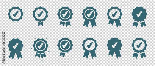 Approval Check Icon, Quality Sign, Certified Medal Symbol Set - Different Vector Illustrations Isolated On Transparent Background photo