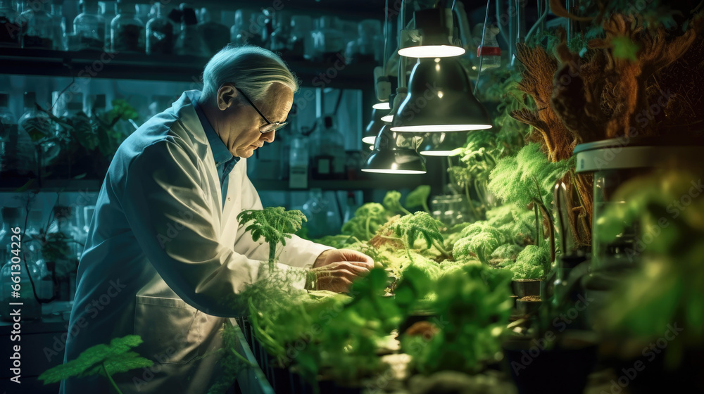 A botanist inspecting plants in a lab using genetic engineering and hydroponics. - obrazy, fototapety, plakaty 