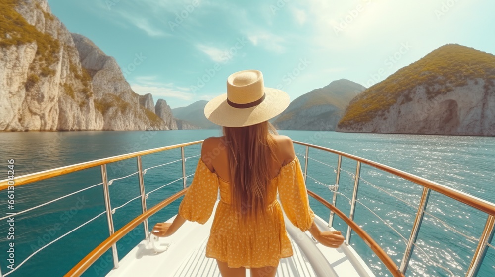 a beautiful girl enjoying her vacation on a yacht standing on the summer terrace and looking at the sea