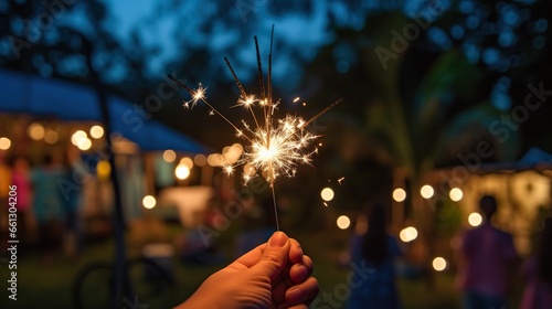 photo of hands holding fireworks in the yard at night photo