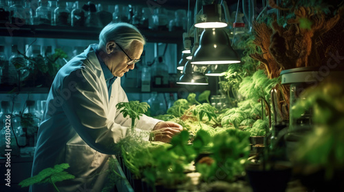 A botanist inspecting plants in a lab using genetic engineering and hydroponics. photo