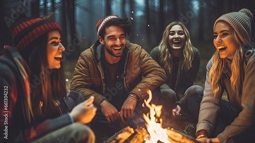 Group of young friends laughing and bonding around a campfire, embodying friendship and fun during a wilderness camping adventure.