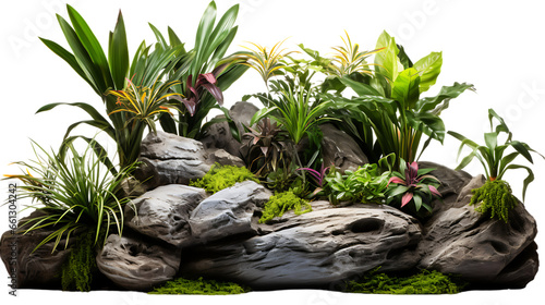 Rocks and Tropical Plants in a Garden Isolated on Transparent or White Background, PNG