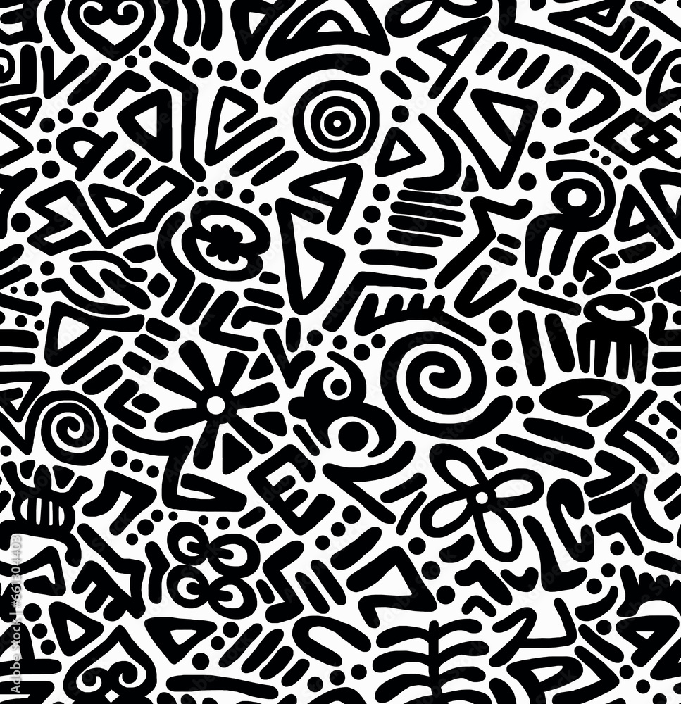 Fototapeta premium Black and white hand-drawn drawing.Abstract design and seamless pattern.