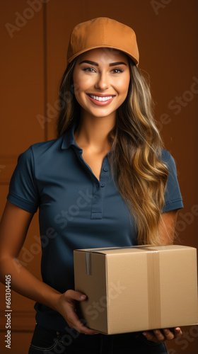 young smiling female courier holding a cardboard box, woman works in the delivery service, girl delivered a parcel, online orders, postal employee, post office, warehouse