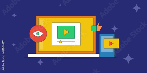 Digital video content, Video marketing strategy, Social media advertising, Video content for business promotion, Increasing video views, Vector illustration background.