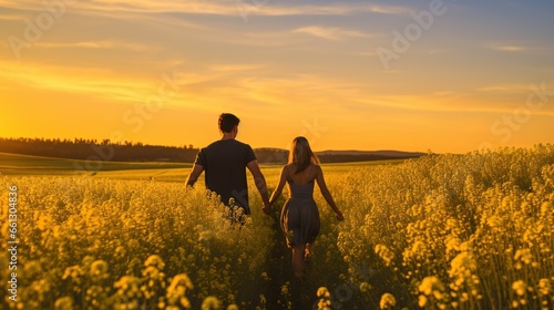 man and woman walking in a field of yellow flowers. Evening sun