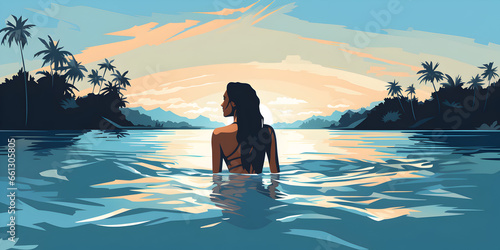 Illustration background of woman swimming in the beach