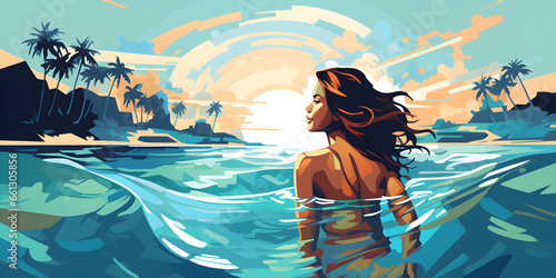 Illustration background of woman swimming in the beach