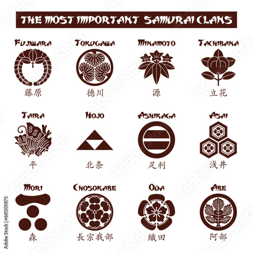 japanese kamon crests of the most importants samurai clans on white background