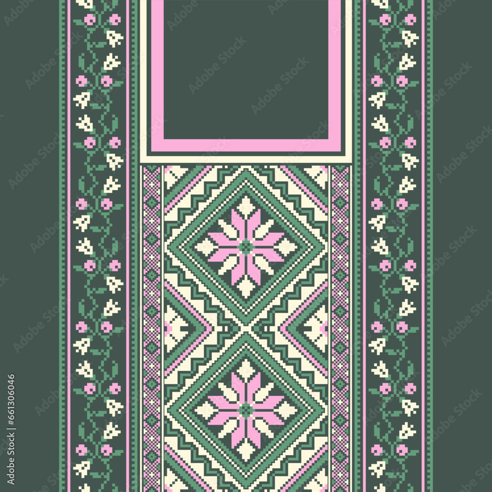 Obraz premium floral embroidery neckline background. ikat and cross stitch geometric seamless pattern ethnic oriental traditional. Aztec style illustration design for carpet, wallpaper, clothing, wrapping, batik.