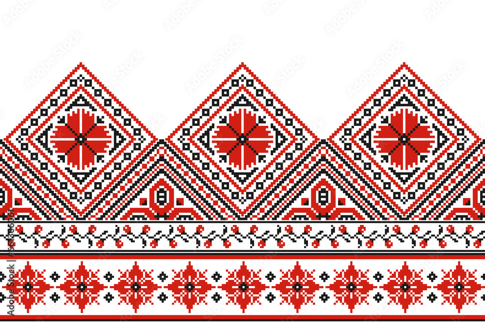 flower embroidery on white background. ikat and cross stitch geometric seamless pattern ethnic oriental traditional. Aztec style illustration design for carpet, wallpaper, clothing, wrapping, batik.