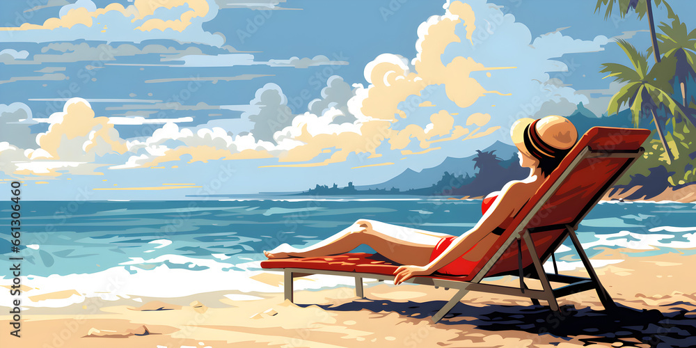 Illustration of woman sunbathing at the beach - obrazy, fototapety, plakaty 