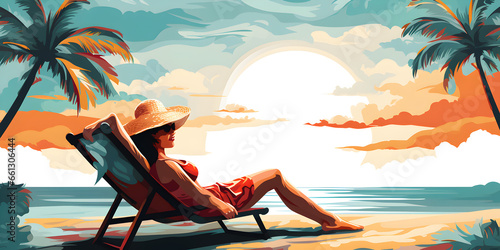 Illustration of woman sunbathing at the beach