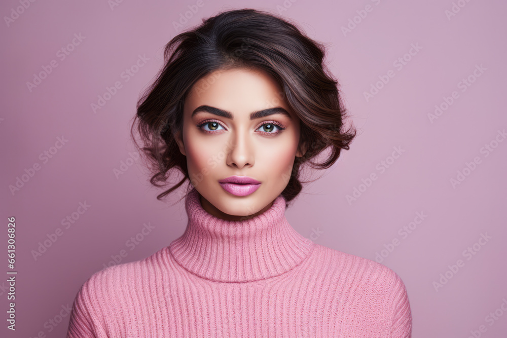 Beautiful Indian model in a winter pink sweater Beautiful Indian model in a winter pink sweater