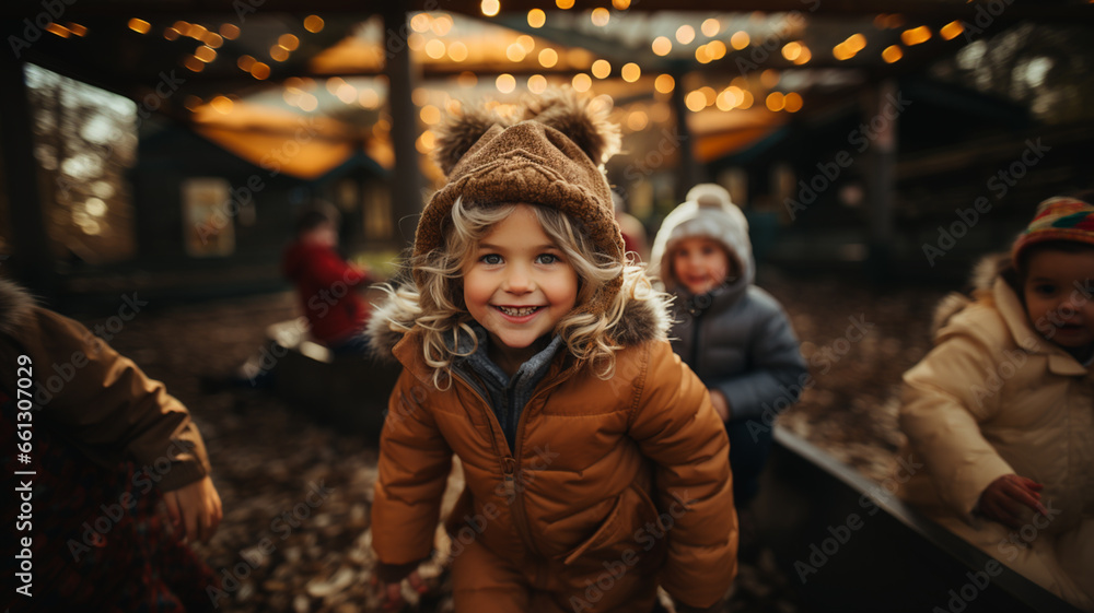 A candid camera photo of cute kid, children playing in playground . AI generate.
