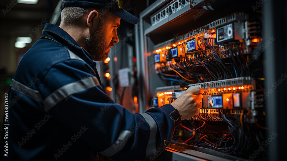 A male electrician works in a switchboard with an electrical connecting cable. Working professions concept A male electrician works in a switchboard with an electrical connecting cable. Working professions concept