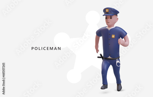 3d realistic policeman wearing police uniform and running. Young cop guard person working in safety patrol, ready to help and protect. Vector illustration with place for text